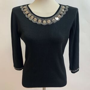 Joseph A. Women's Knit Top Large Black Silver Beaded